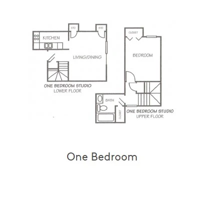 One bedroom floor plan, two levels. Lower floor: a kitchen along the top-left wall and an open living and dining room with a staircase. Upper floor: one bedroom with a closet, and a bathroom with a closet beside the stairs.